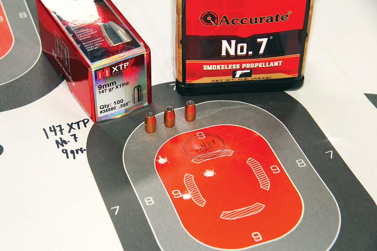 Hornady’s 147-grain XTP gave its best group using 9 grains of Accurate No. 7. That group measured less than 1.5 inches and left the starting blocks at 1,386 fps. This would make an excellent close-range deer or hog load.